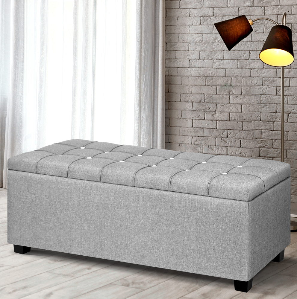 Artiss Storage Ottoman Blanket Box 97cm Button Linen Grey-6