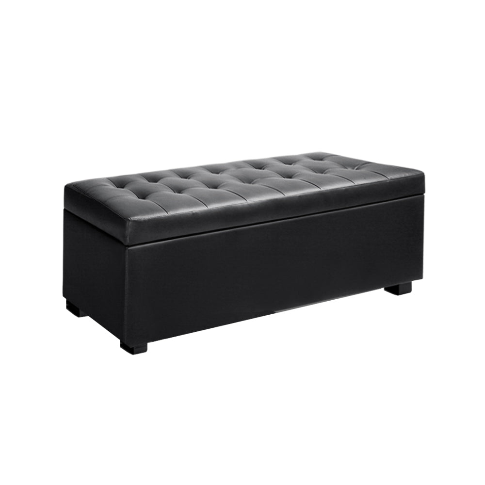 Artiss Storage Ottoman Blanket Box 97cm Leather Black-0