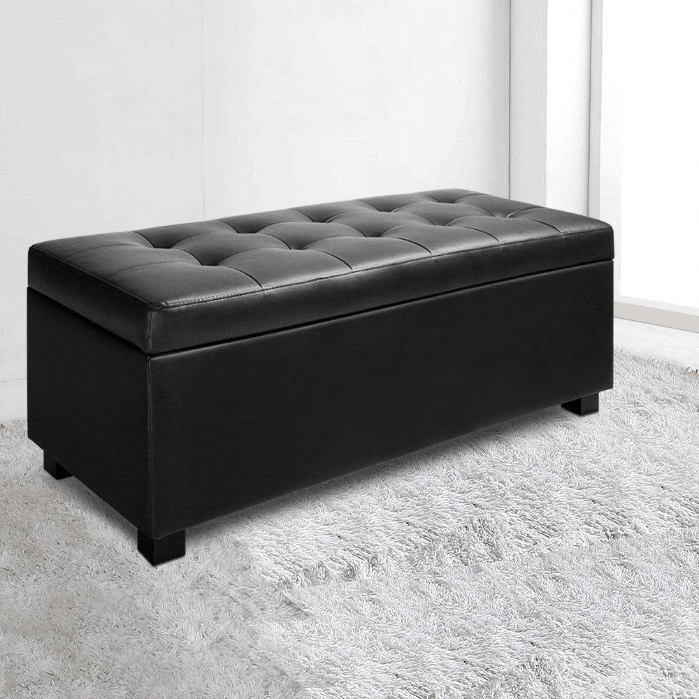 Artiss Storage Ottoman Blanket Box 97cm Leather Black-6