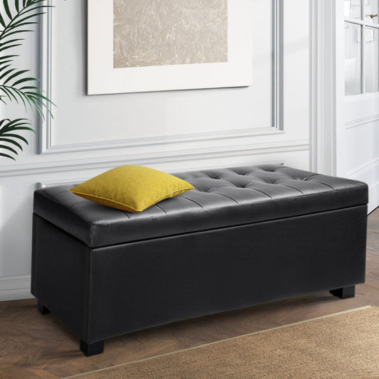 Artiss Storage Ottoman Blanket Box 97cm Leather Black-0