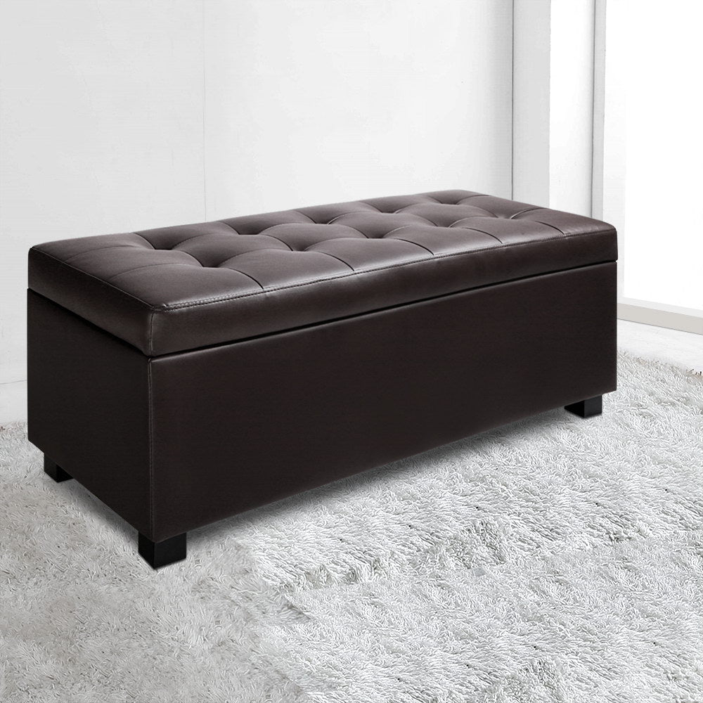 Artiss Storage Ottoman Blanket Box 97cm Leather Brown-6