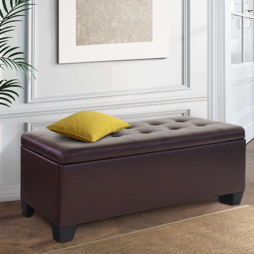 Artiss Storage Ottoman Blanket Box 97cm Leather Brown-0