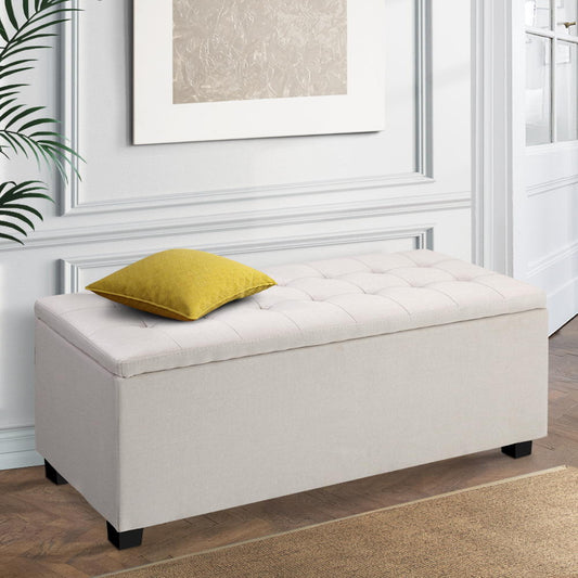 Artiss Storage Ottoman Blanket Box 97cm Linen Beige-0
