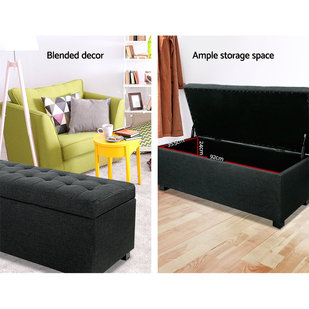 Artiss Storage Ottoman Blanket Box 97cm Linen Charcoal-3