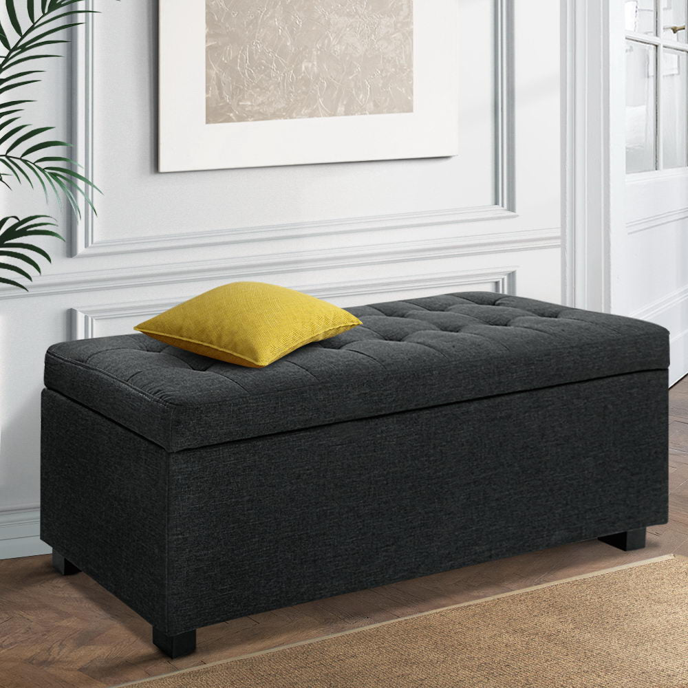 Artiss Storage Ottoman Blanket Box 97cm Linen Charcoal-0