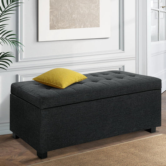 Artiss Storage Ottoman Blanket Box 97cm Linen Charcoal-0