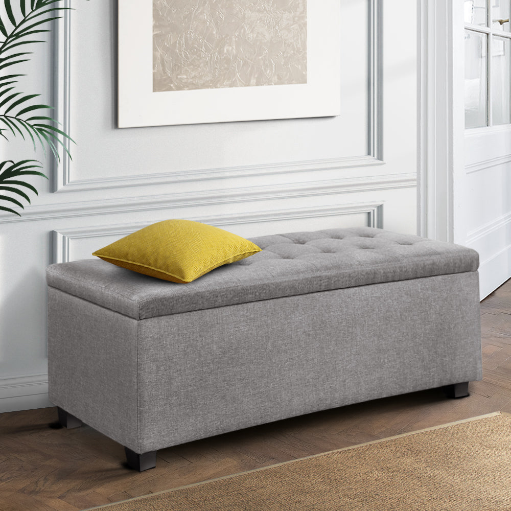 Artiss Storage Ottoman Blanket Box 97cm Linen Light Grey-6