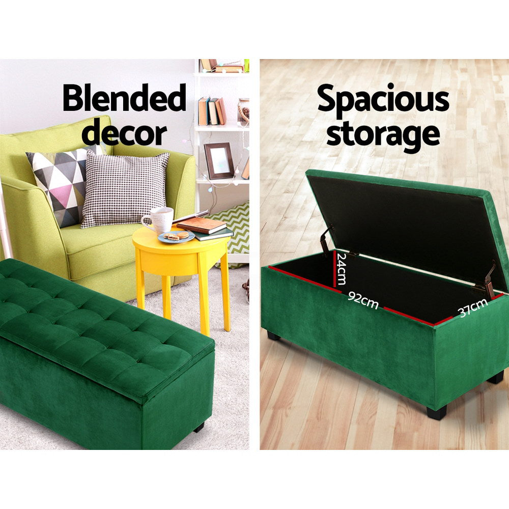 Artiss Storage Ottoman Blanket Box 98cm Velvet Green-4