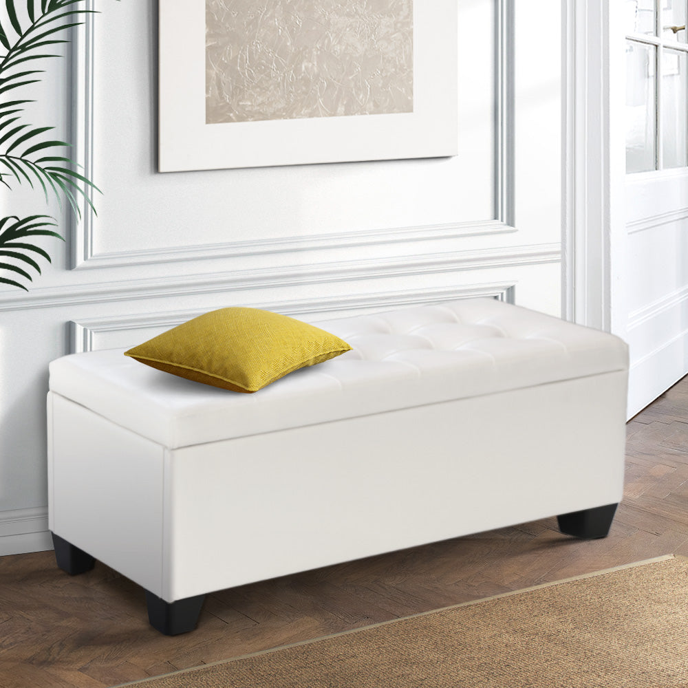 Artiss Storage Ottoman Blanket Box 97cm Leather White-0