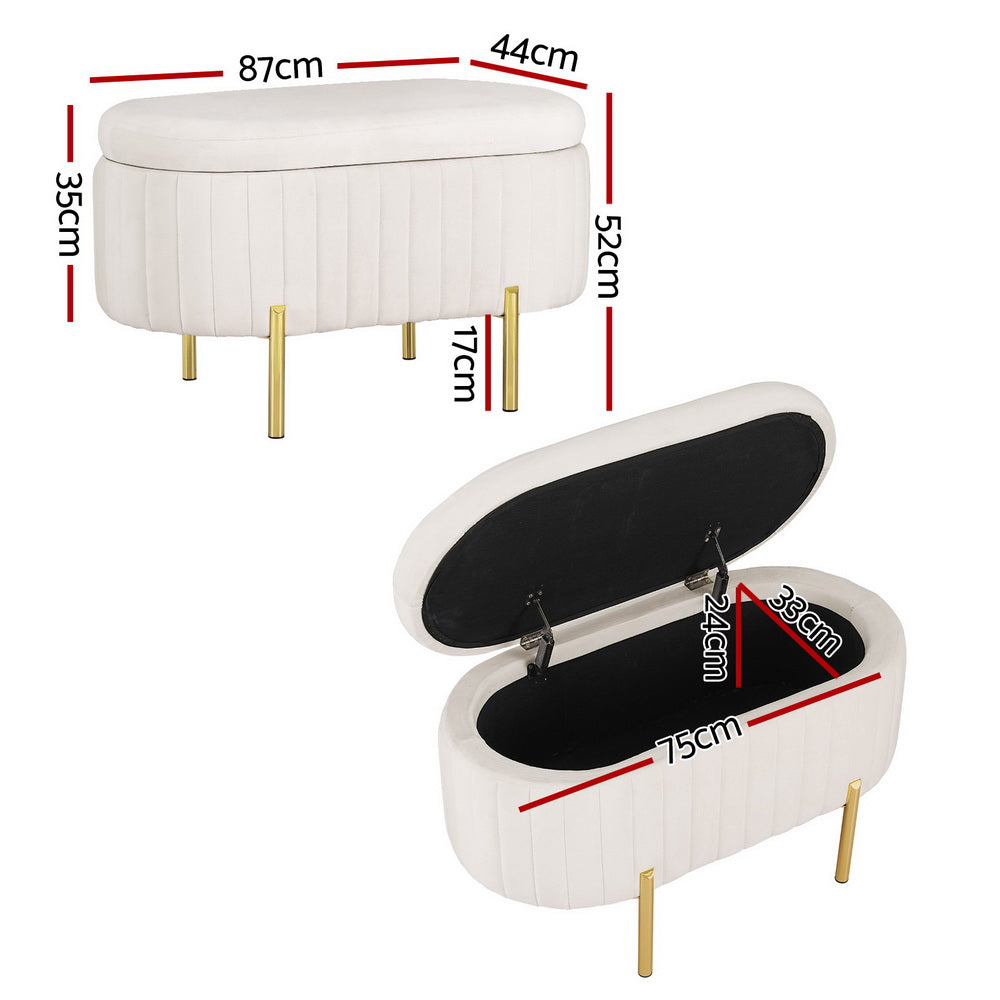 Artiss Storage Ottoman Blanket Box 87cm Velvet Oval White-1