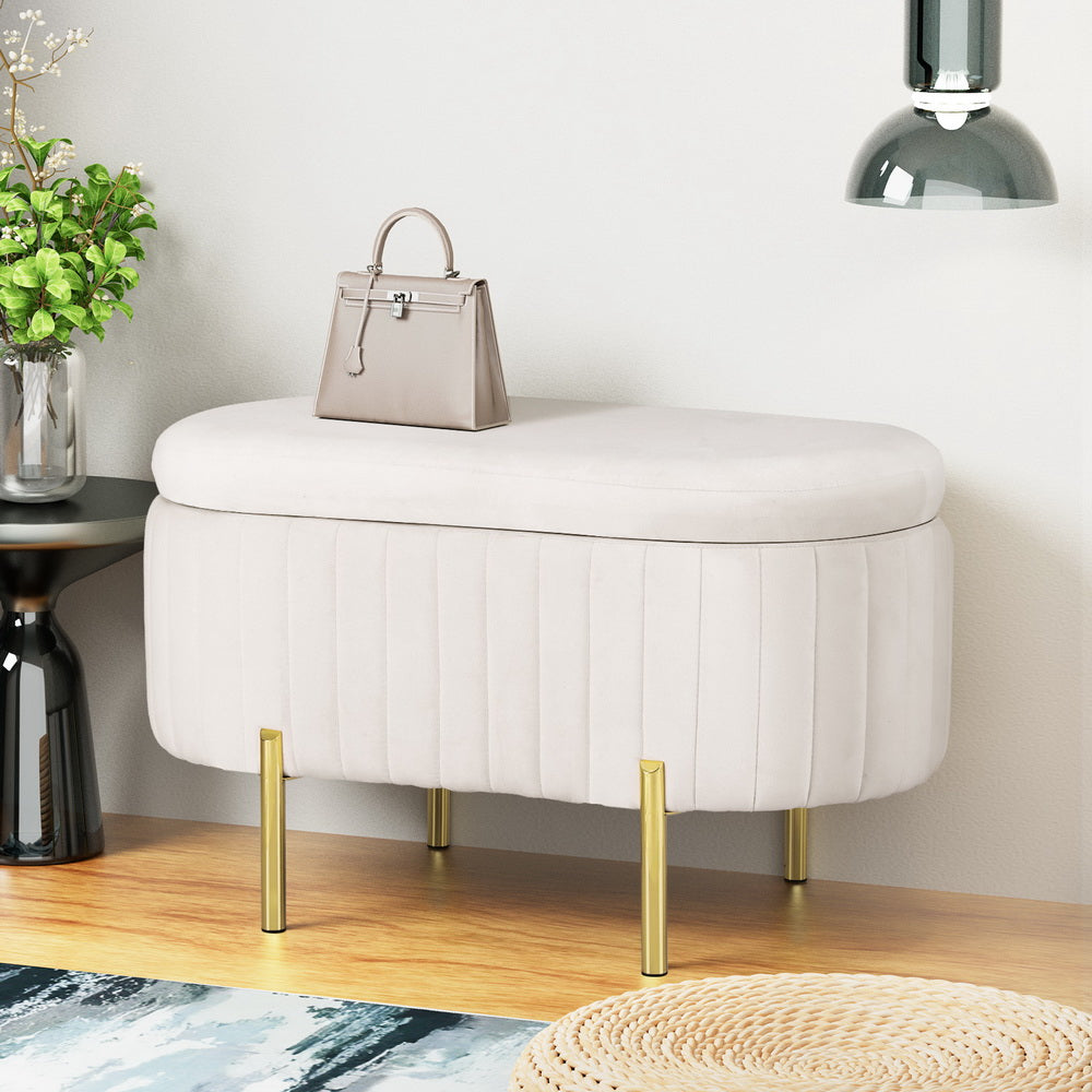 Artiss Storage Ottoman Blanket Box 87cm Velvet Oval White-6