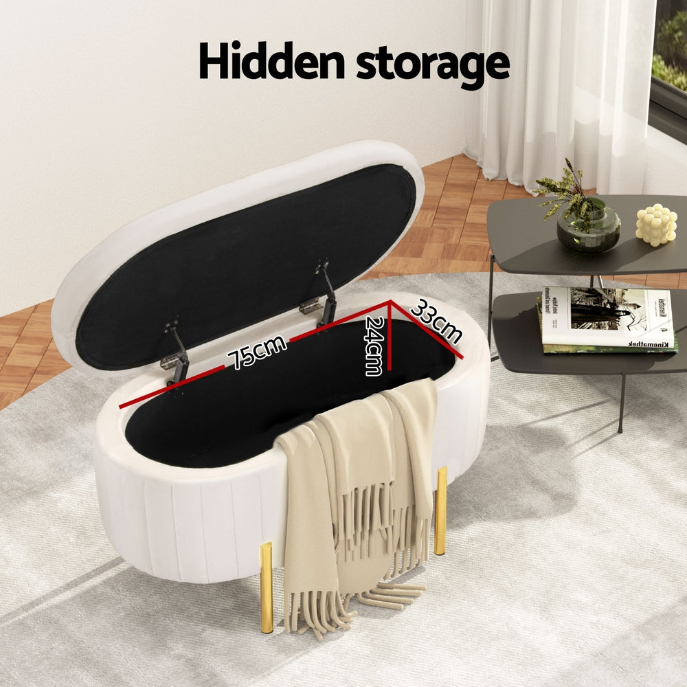 Artiss Storage Ottoman Blanket Box 87cm Velvet Oval White-4