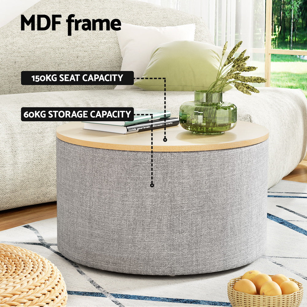 Artiss Storage Ottoman Blanket Box 60cm Linen Round Grey-3