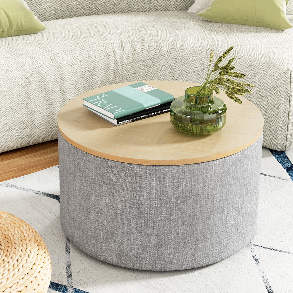 Artiss Storage Ottoman Blanket Box 60cm Linen Round Grey-6