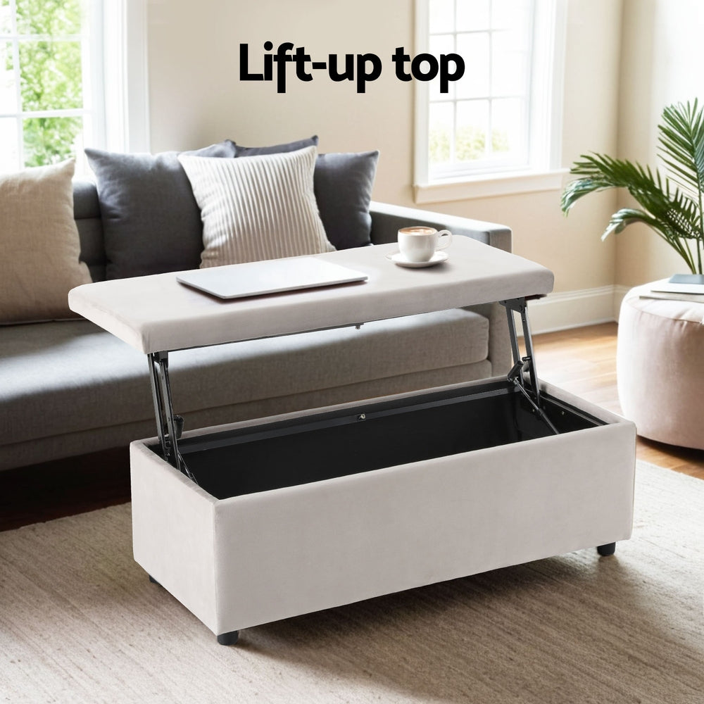 Artiss Storage Ottoman Blanket Box Table 97cm Velvet Taupe-4