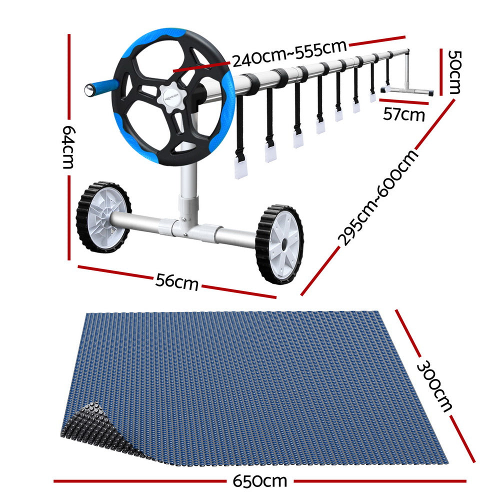 Aquabuddy Pool Cover 600 Micron 6.5x3m w/ Roller 5.55m Black Solar Blanket-1