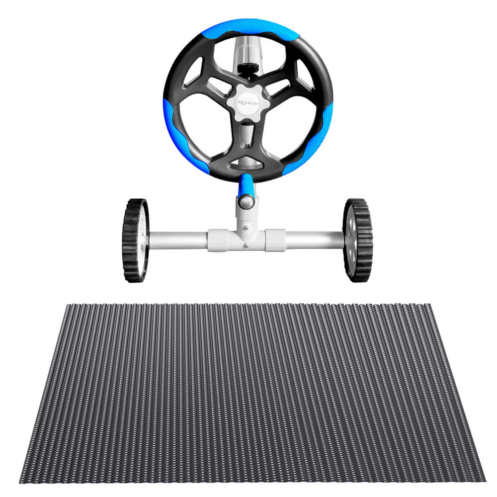 Aqua Buddy Pool Cover 600 Micron 8.5x4.2m w/ Blue Roller 5.55m Black Solar Blanket-2