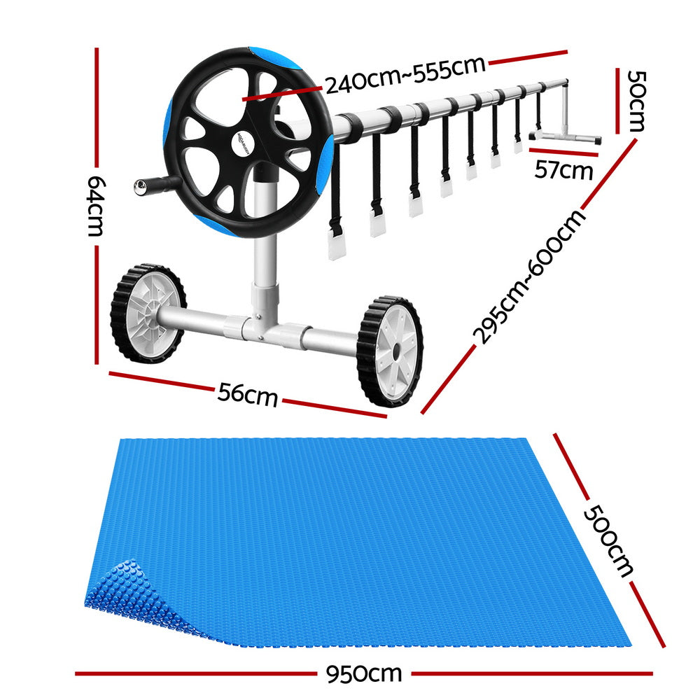 Aqua Buddy Pool Cover 600 Micron Solar Heat 9.5x5m Blanket w/ 5.55m Roller Blue-1