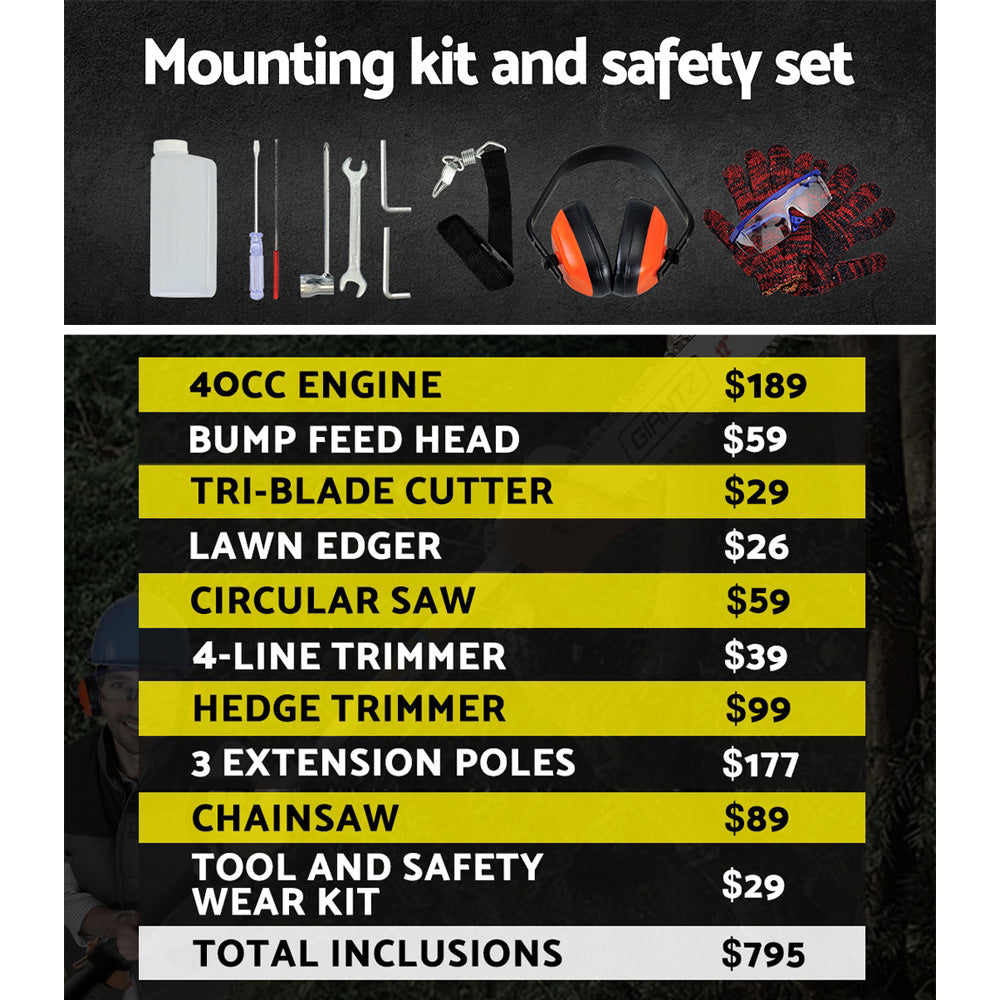 Giantz 40CC Pole Chainsaw Hedge Trimmer Brush Cutter Whipper Saw 4-Stroke 9-in-1-6