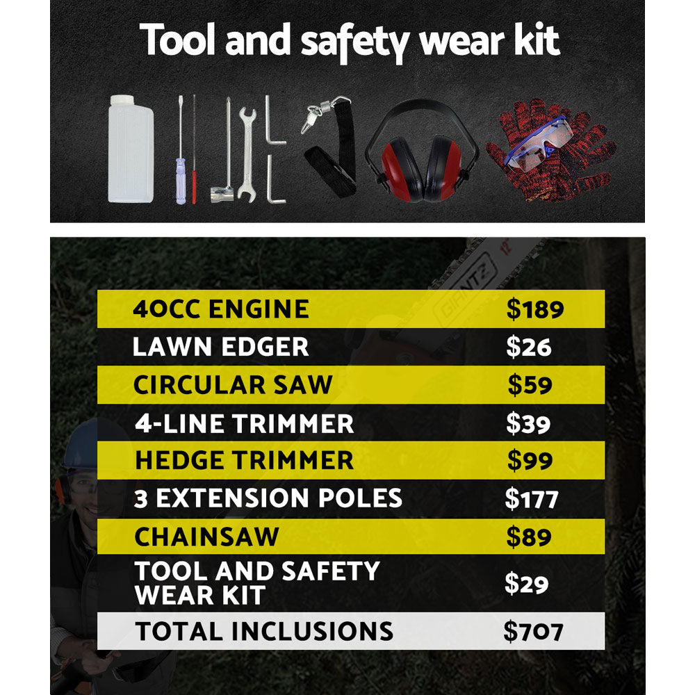 Giantz 40CC Pole Chainsaw Hedge Trimmer Brush Cutter Whipper Saw 4-Stroke 7-in-1-5