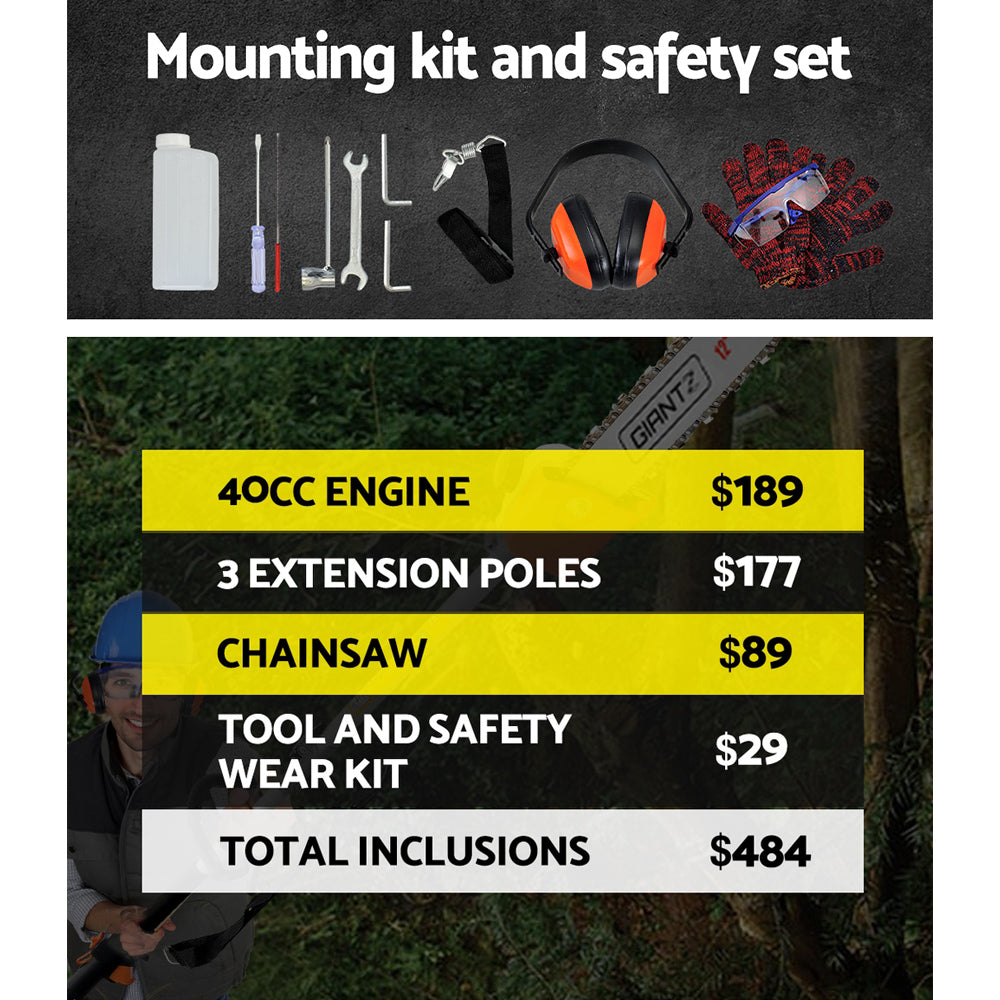 Giantz 40CC Pole Chainsaw Hedge Trimmer Brush Cutter Whipper Saw 4-Stroke 7-in-1-6