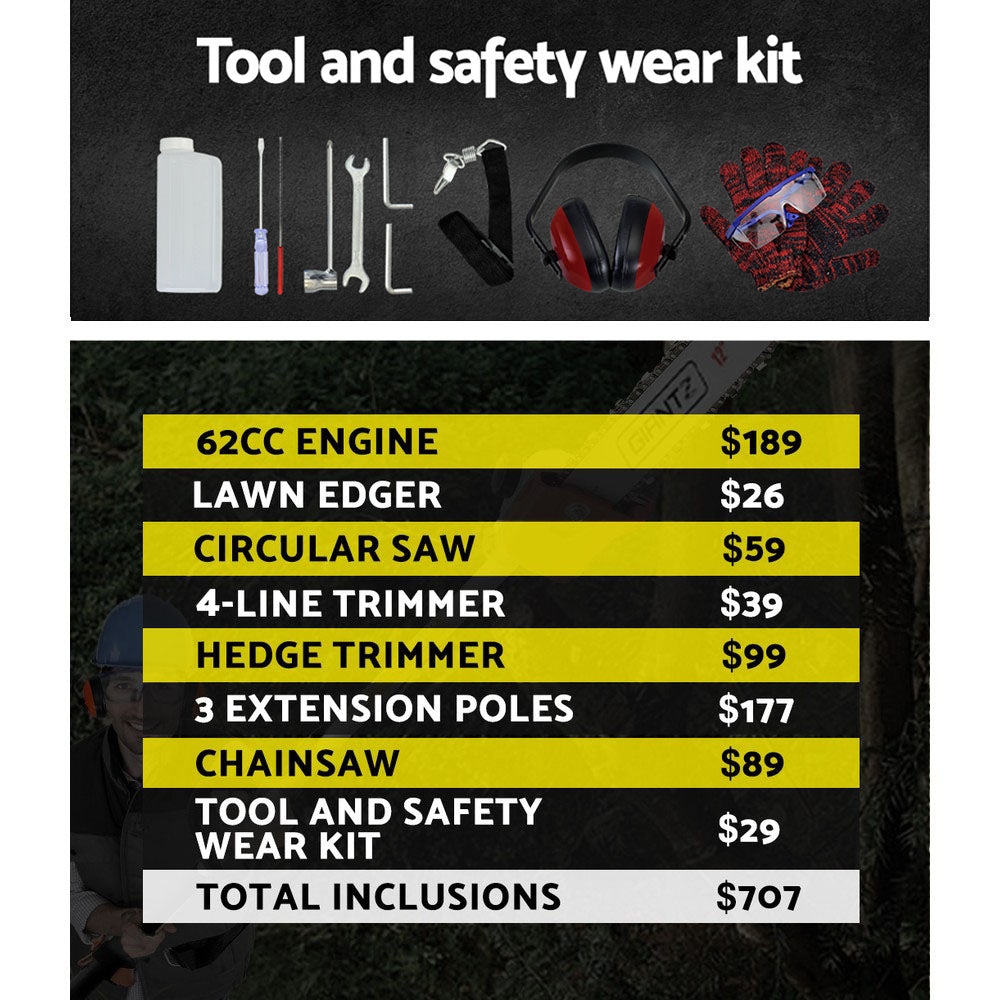 Giantz 62CC Pole Chainsaw Hedge Trimmer Brush Cutter Whipper Saw Snipper 7-in-1-5