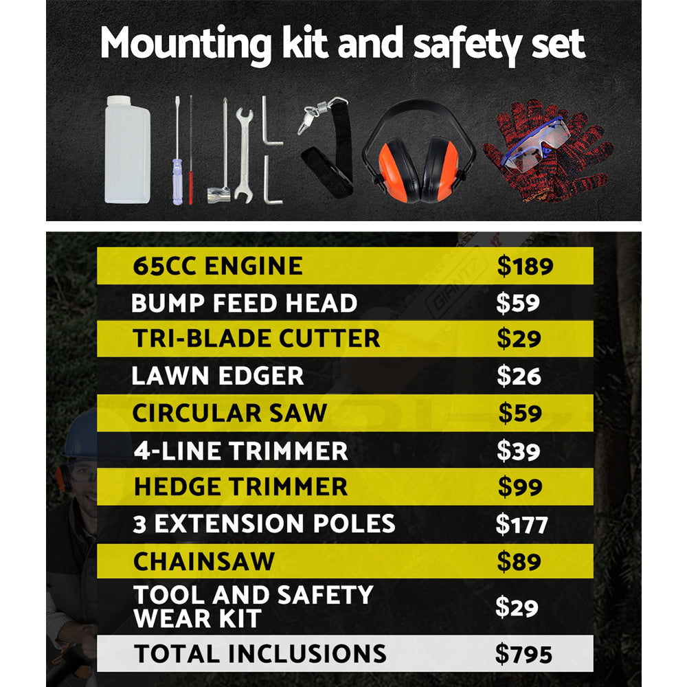 Giantz 65CC Pole Chainsaw Hedge Trimmer Brush Cutter Whipper Snipper 9-in-1 4.3m-6