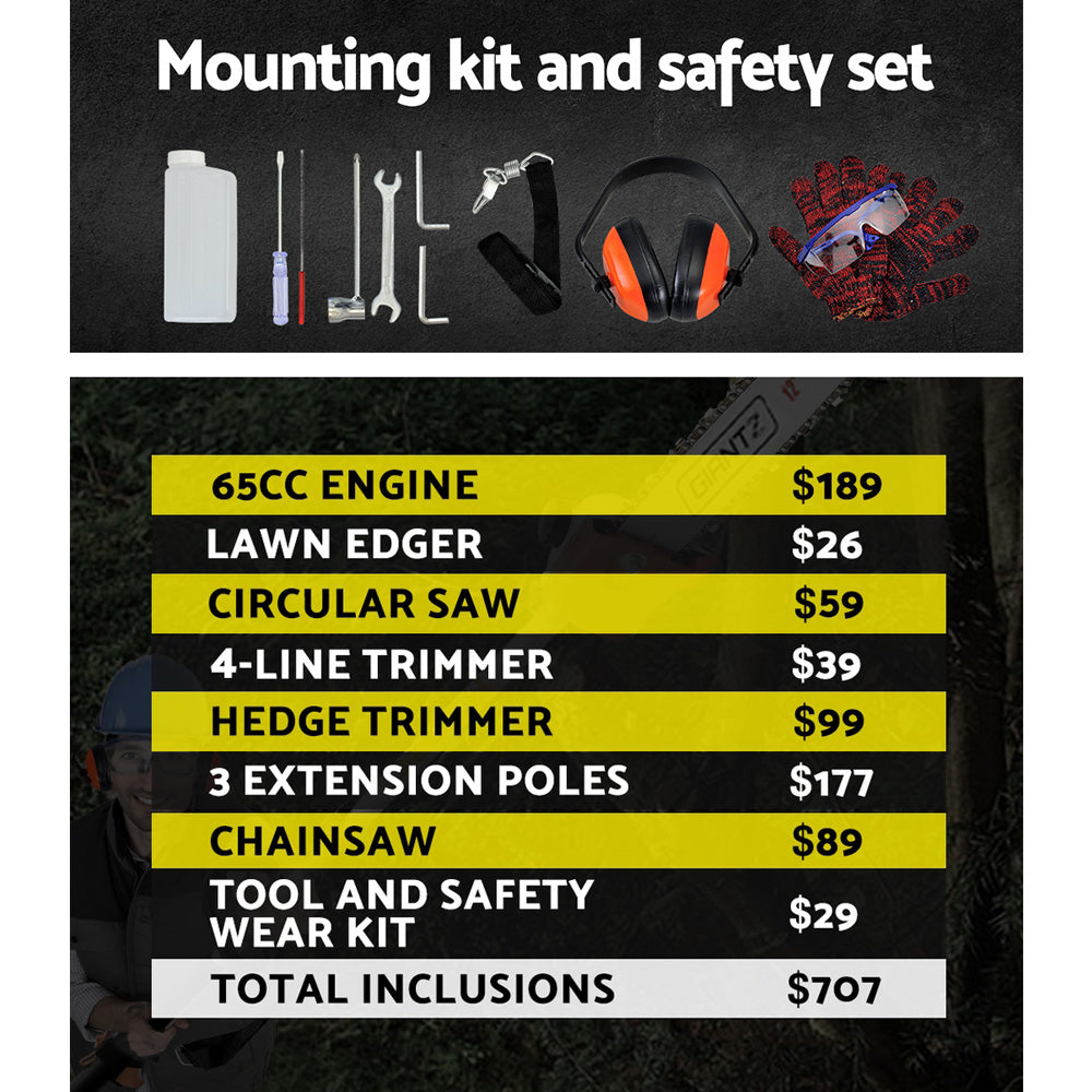 Giantz 65CC Pole Chainsaw Hedge Trimmer Brush Cutter Whipper Saw Snipper 7-in-1-6