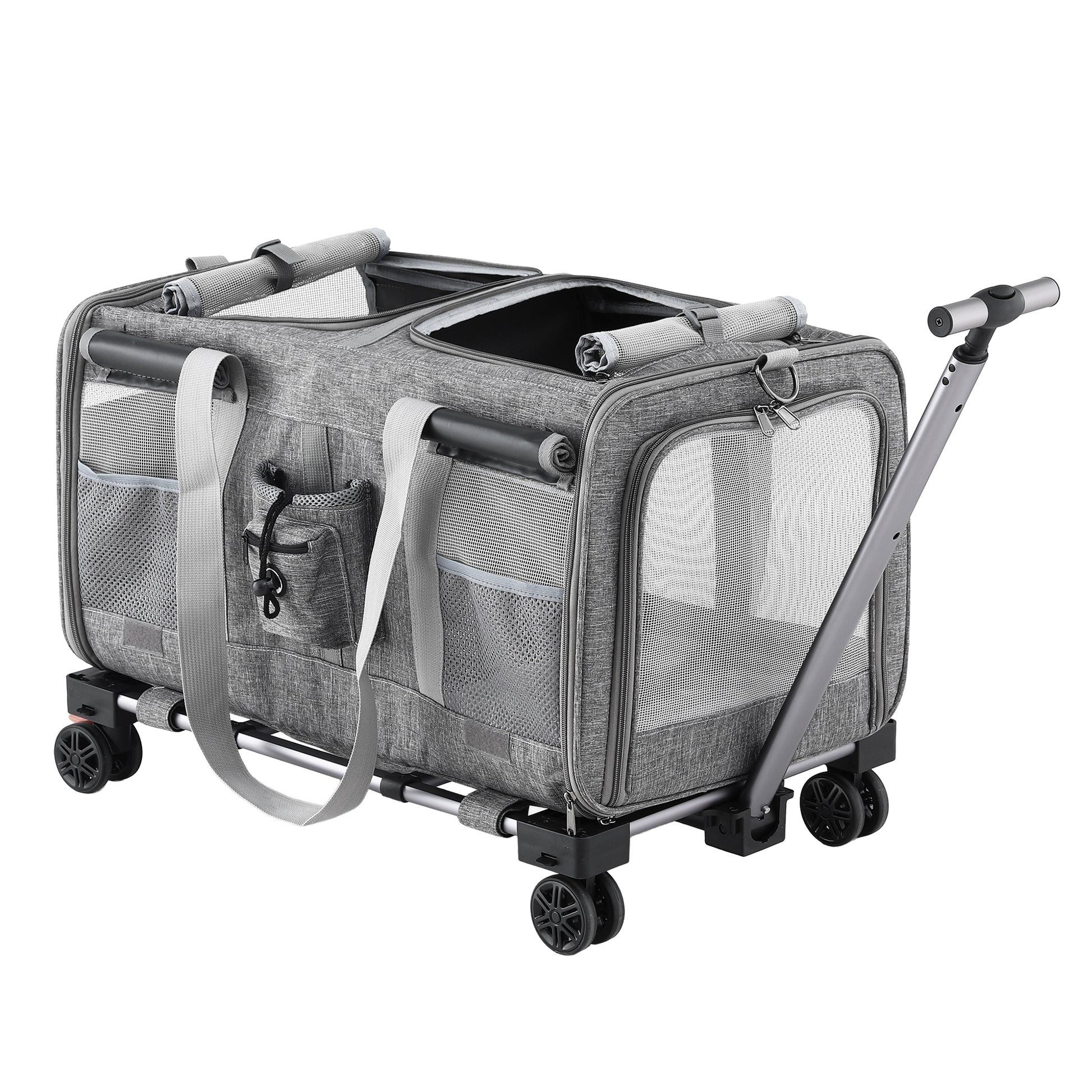 i.Pet Pet Carrier Swivel Wheels Foldable Cat Dog Trolley Stroller Travel Bag Grey-0