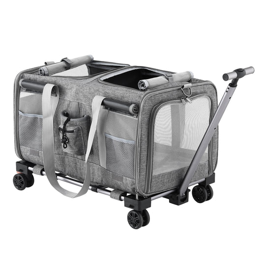 i.Pet Pet Carrier Swivel Wheels Foldable Cat Dog Trolley Stroller Travel Bag Grey-0