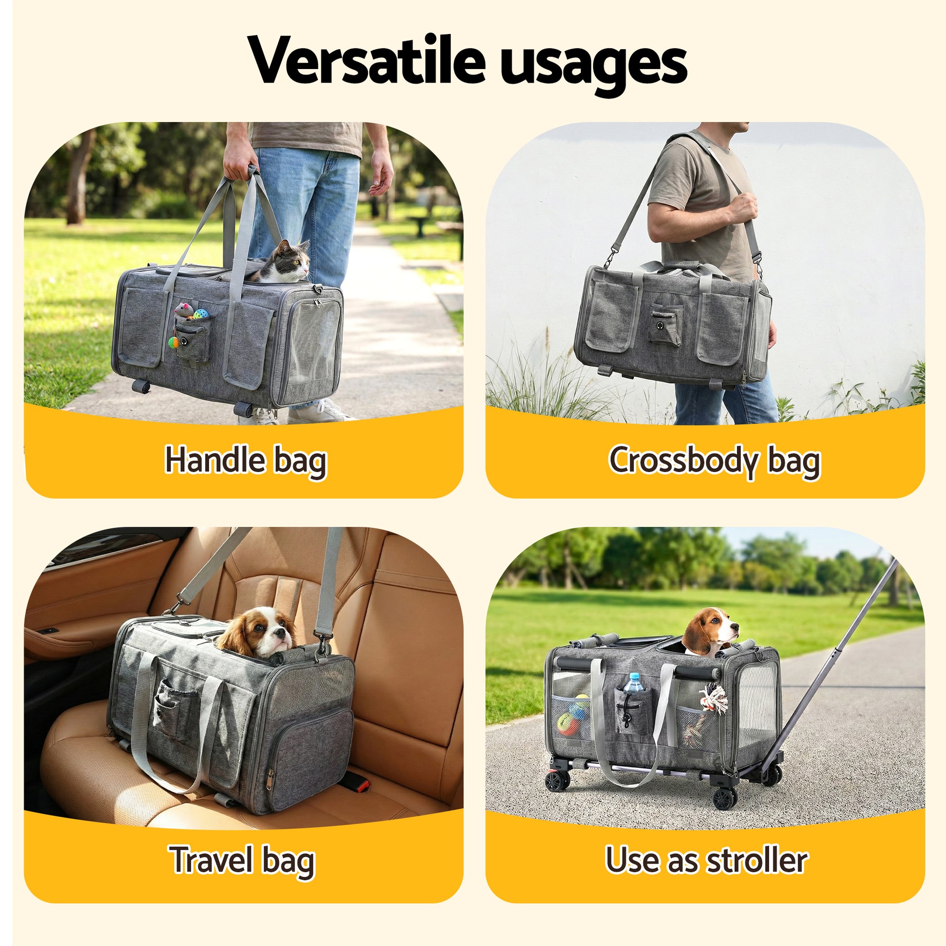 i.Pet Pet Carrier Swivel Wheels Foldable Cat Dog Trolley Stroller Travel Bag Grey-4