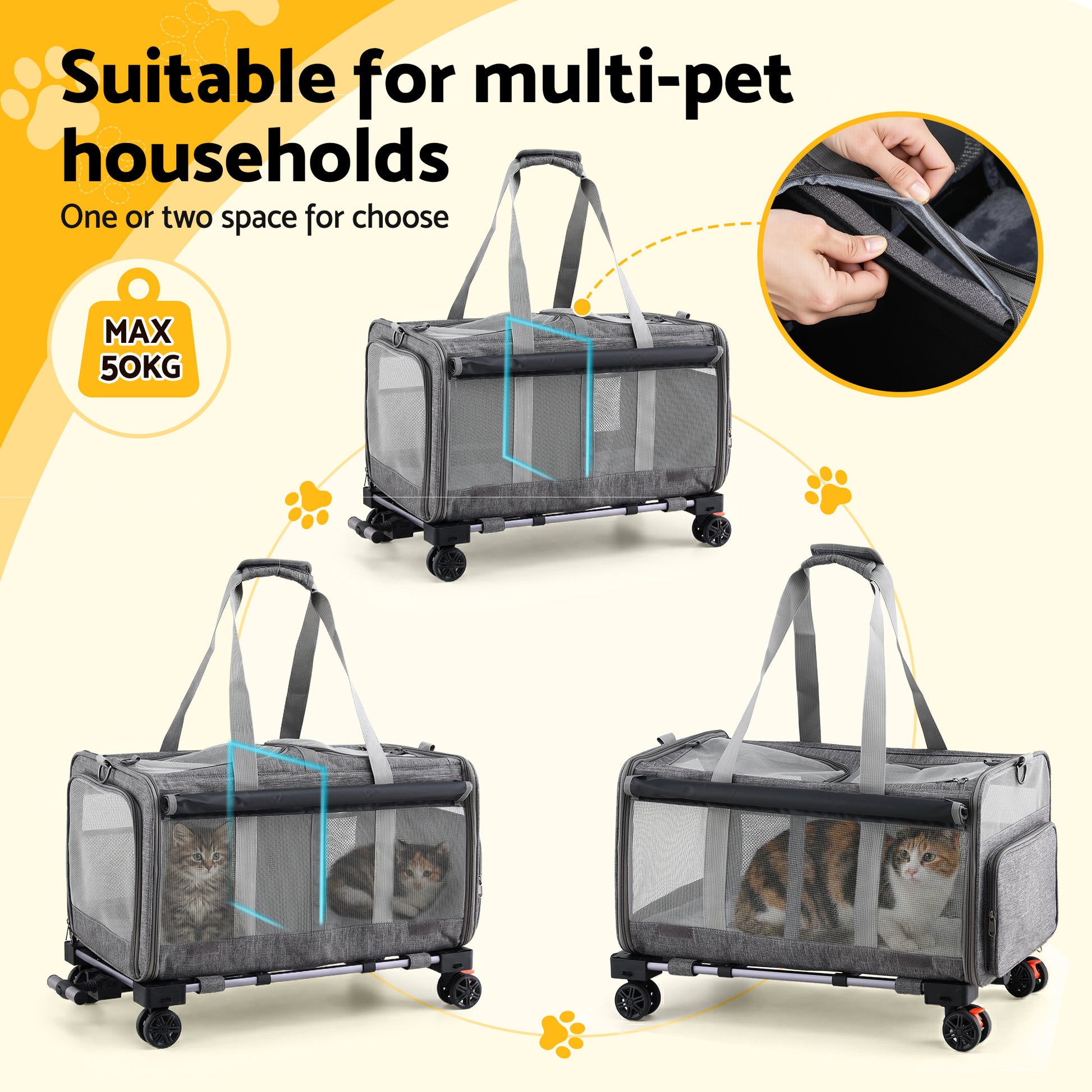 i.Pet Pet Carrier Swivel Wheels Foldable Cat Dog Trolley Stroller Travel Bag Grey-5