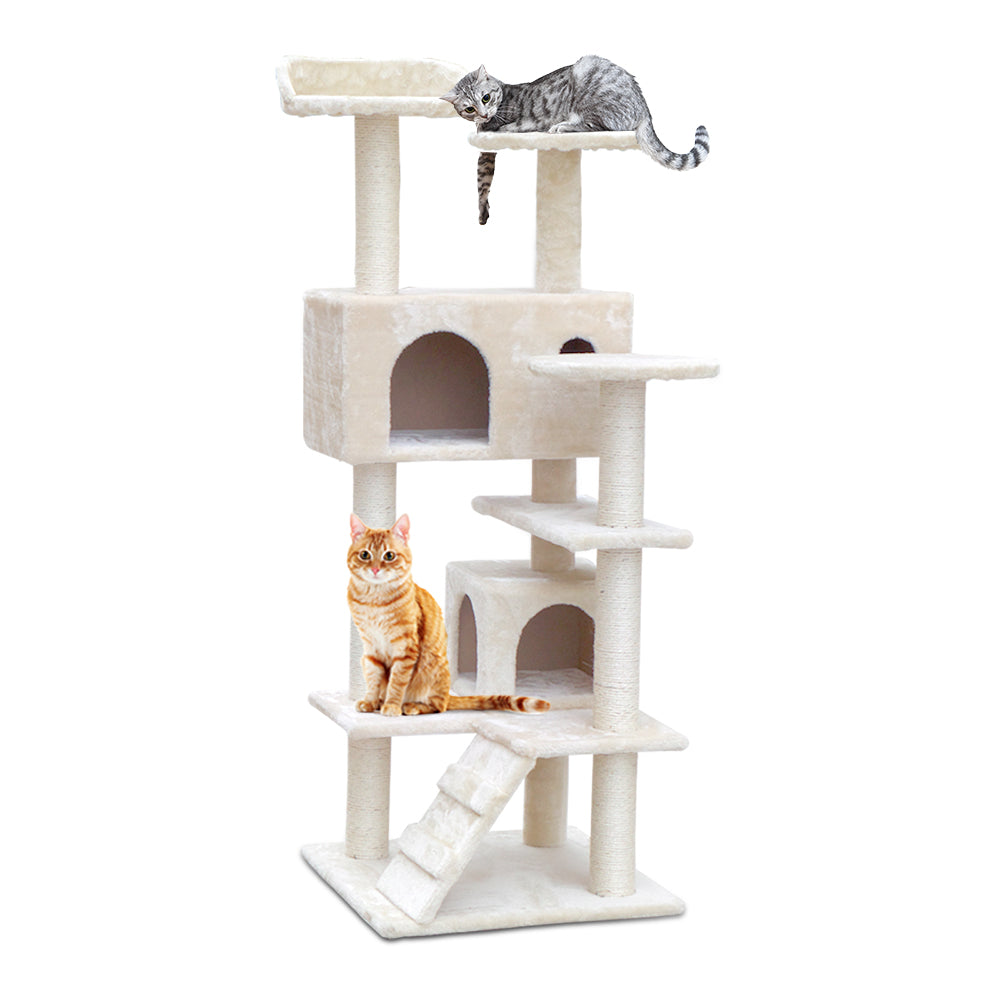 i.Pet Cat Tree 134cm Tower Scratching Post Scratcher Wood Condo House Bed Beige-0