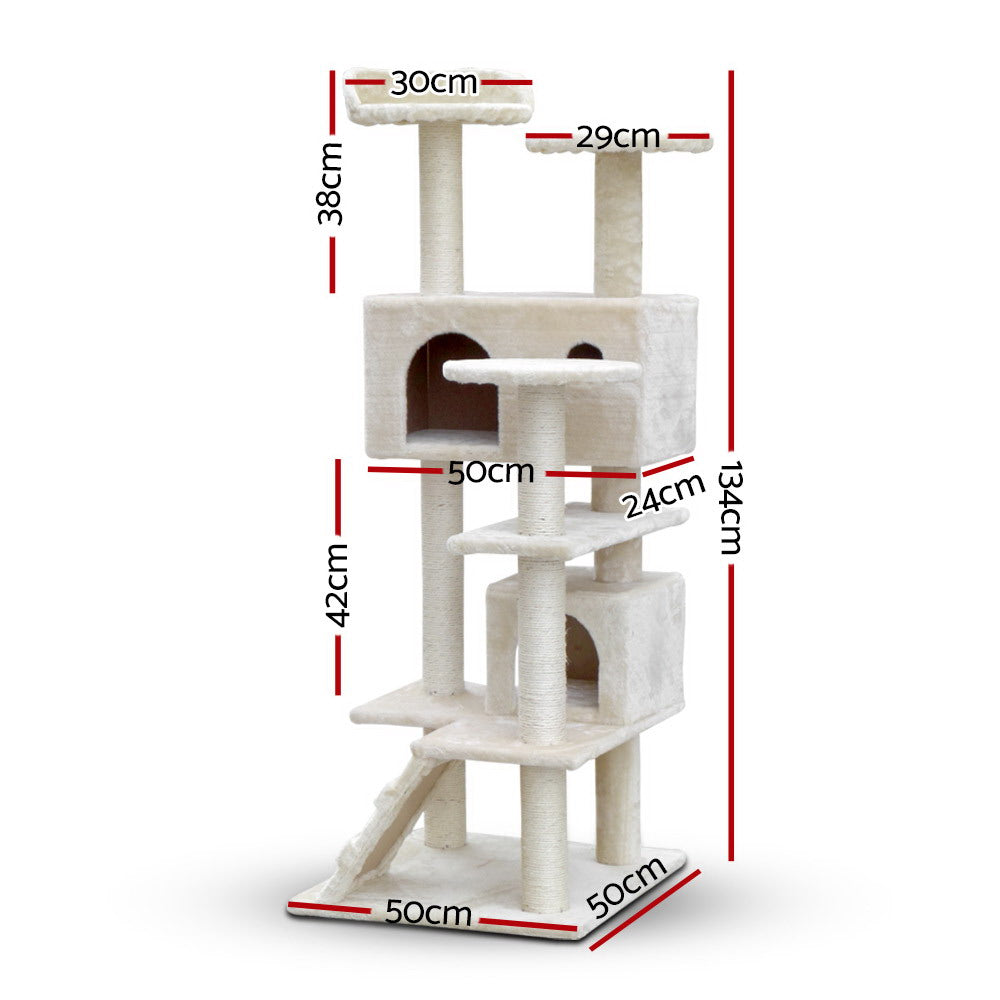 i.Pet Cat Tree 134cm Tower Scratching Post Scratcher Wood Condo House Bed Beige-1