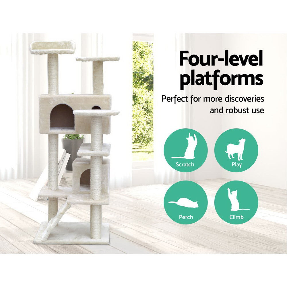 i.Pet Cat Tree 134cm Tower Scratching Post Scratcher Wood Condo House Bed Beige-2