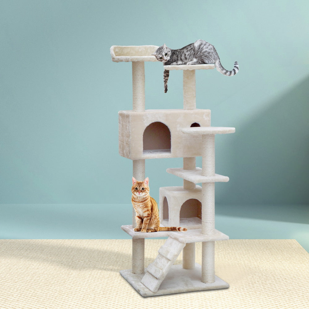 i.Pet Cat Tree 134cm Tower Scratching Post Scratcher Wood Condo House Bed Beige-7