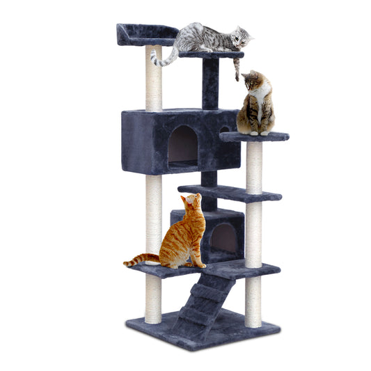 i.Pet Cat Tree 134cm Tower Scratching Post Scratcher Wood Condo House Bed Grey-0