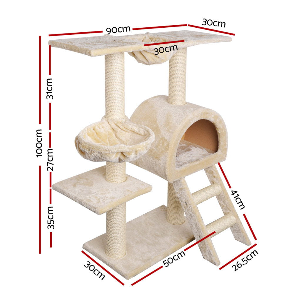 i.Pet Cat Tree 100cm Tower Scratching Post Scratcher Condo House Trees Bed Beige-1