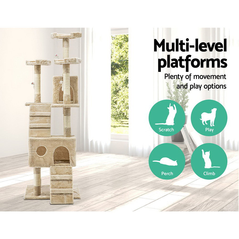 i.Pet Cat Tree 180cm Tower Scratching Post Scratcher Wood Condo House Toys Beige-2