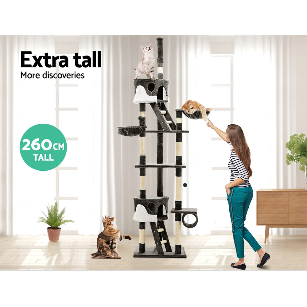 i.Pet Cat Tree 260cm Tower Scratching Post Scratcher Condo House Trees Grey-6