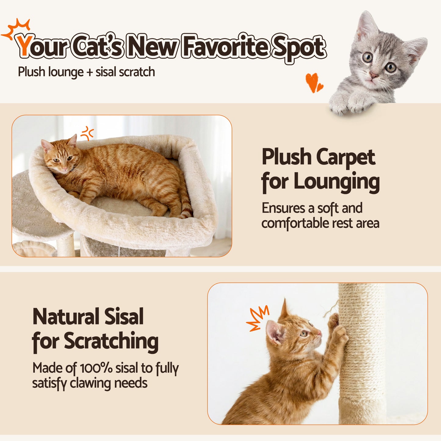 i.Pet Cat Tree Tower 167cm Large Scratching Post Furniture Scratcher House Beige-7