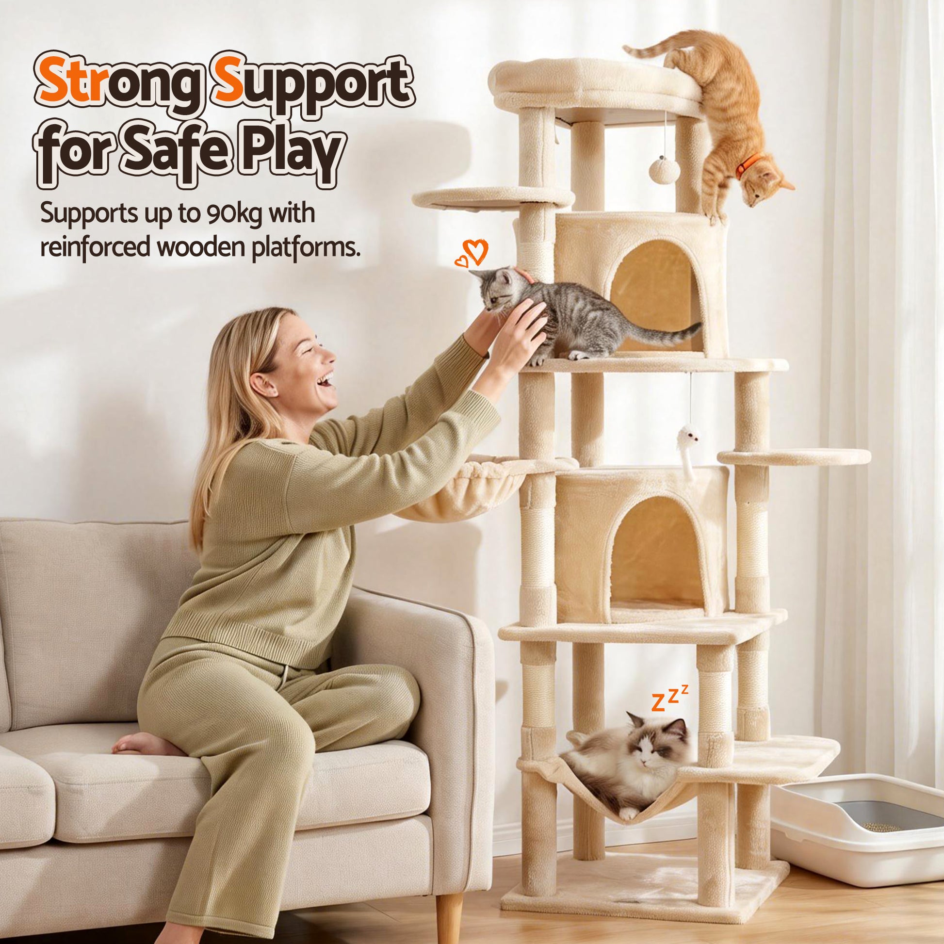 i.Pet Cat Tree Tower 167cm Large Scratching Post Furniture Scratcher House Beige-8