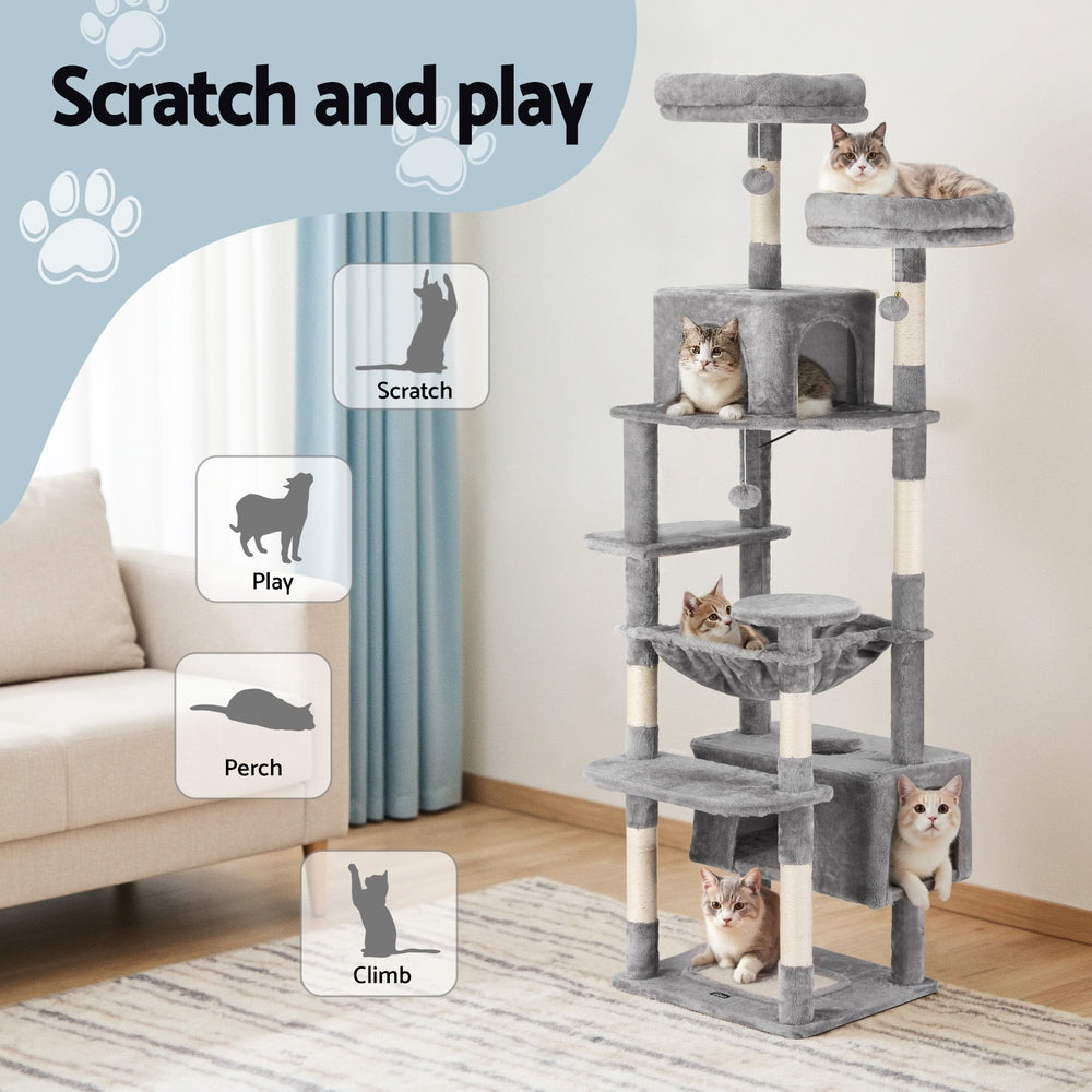 i.Pet Cat Tree 184cm Tower Scratching Post Trees Scratcher Condo House Light Grey-3