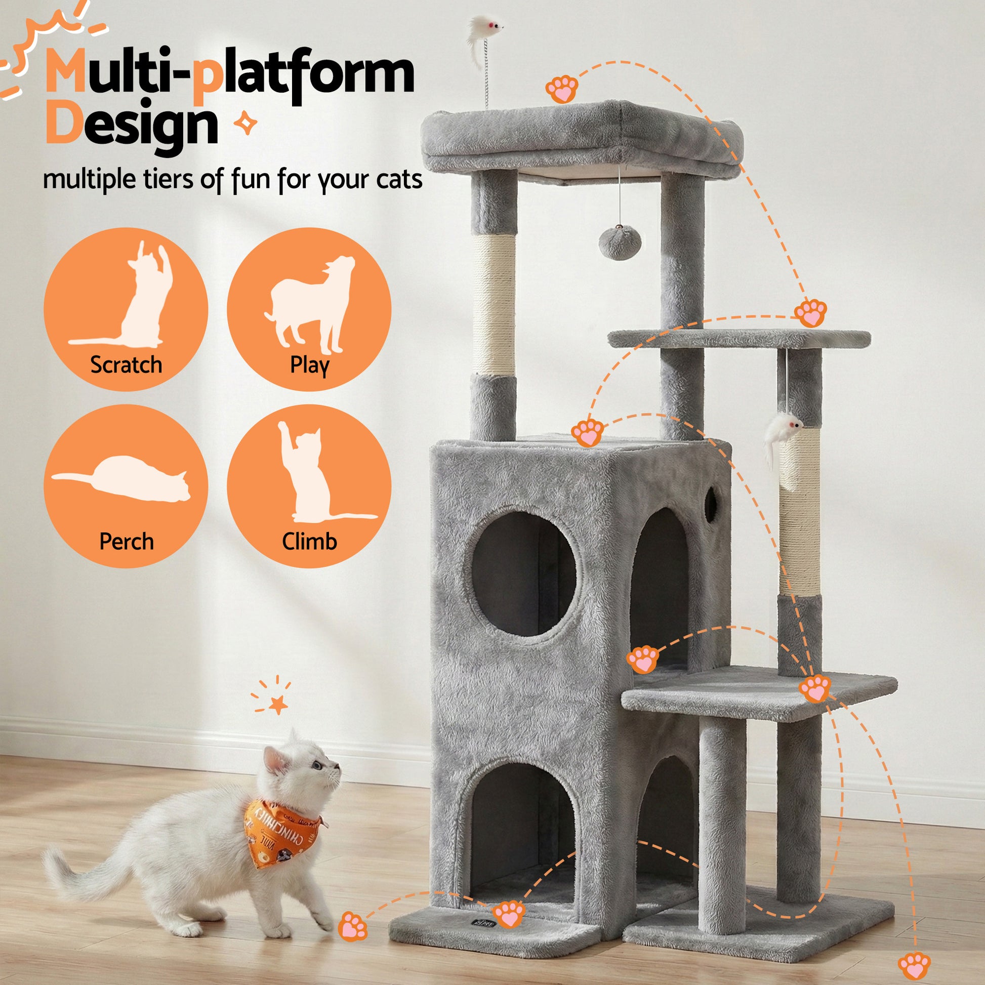 i.Pet Cat Tree Tower 127cm Scratching Post Furniture Scratcher House Light Grey-3