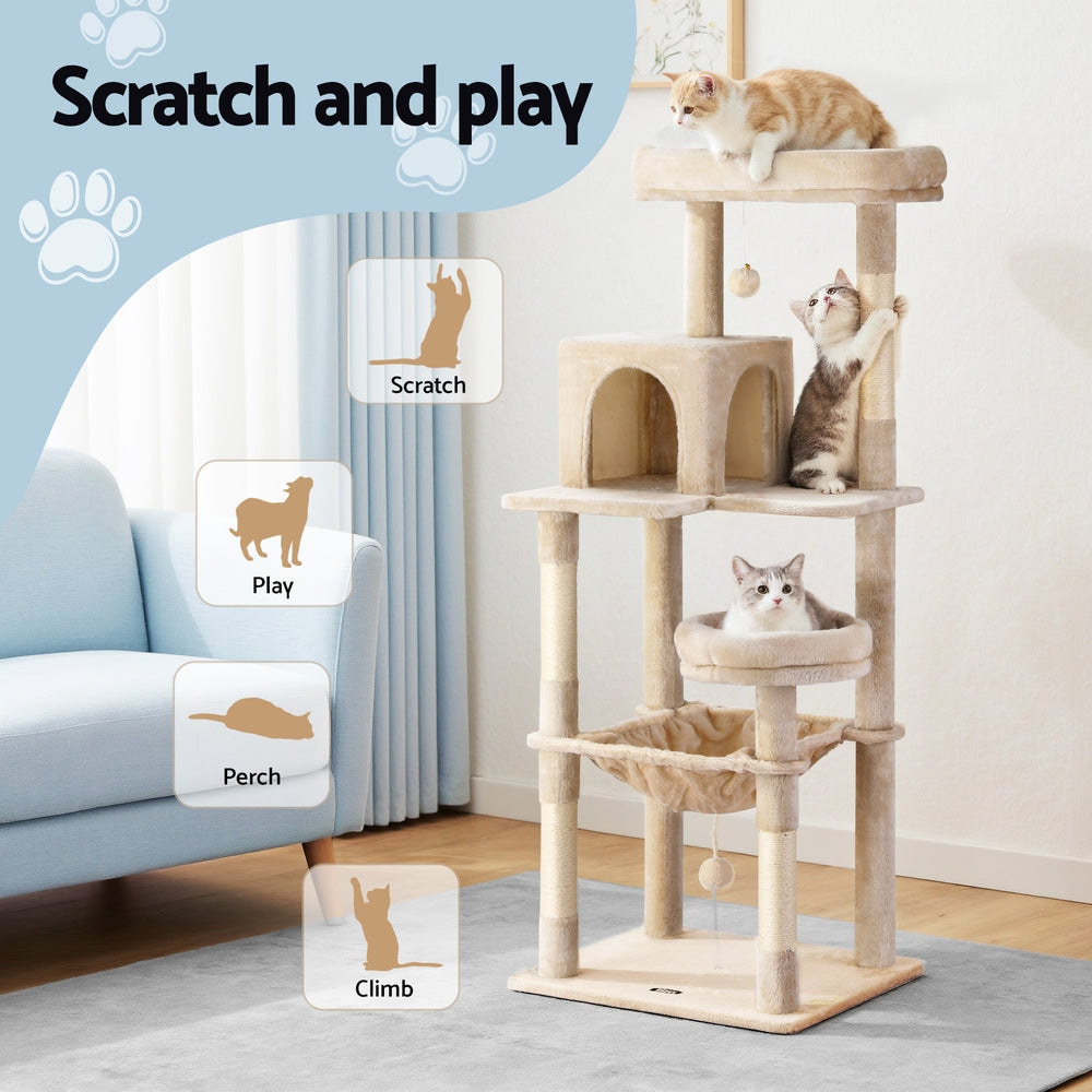 i.Pet Cat Tree 143cm Tower Scratching Post Trees Scratcher Condo House Beige-3
