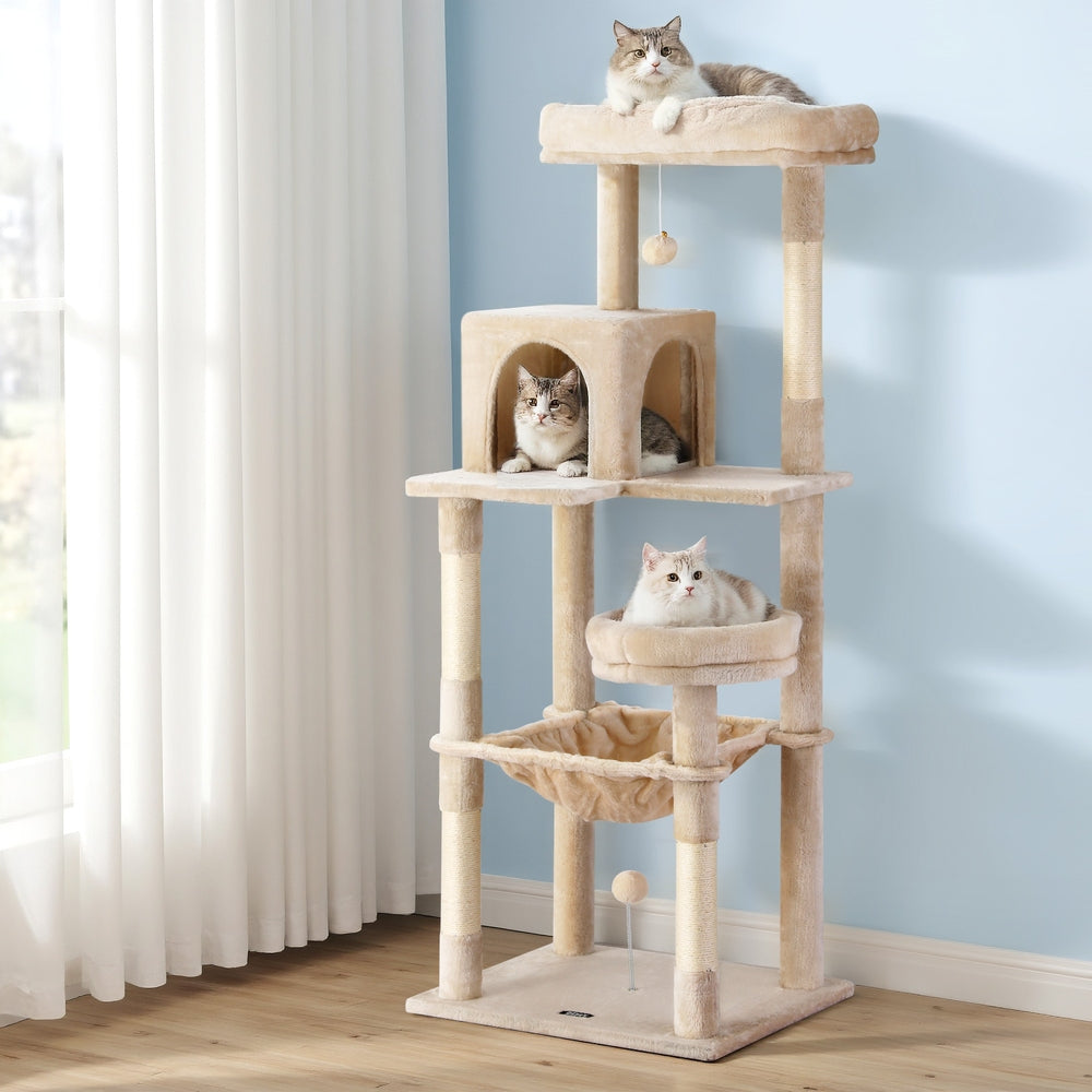 i.Pet Cat Tree 143cm Tower Scratching Post Trees Scratcher Condo House Beige-6