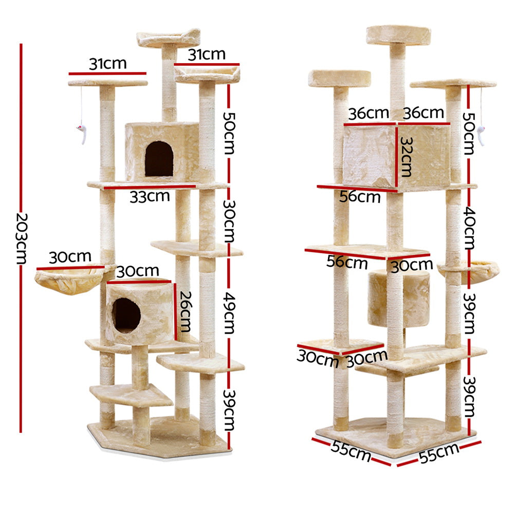 i.Pet Cat Tree 203cm Tower Scratching Post Scratcher Condo Trees House Bed Beige-1