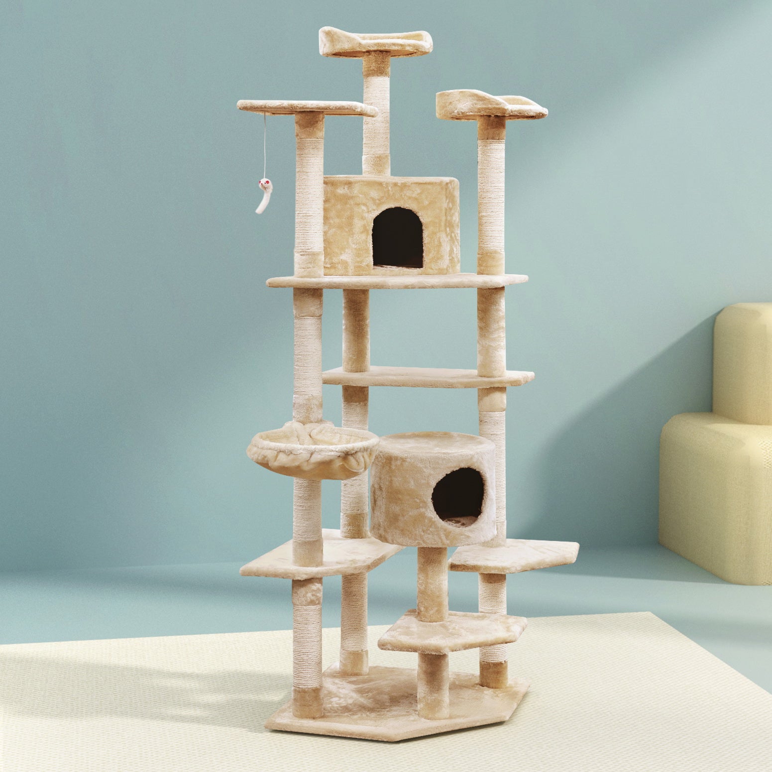 i.Pet Cat Tree 203cm Tower Scratching Post Scratcher Condo Trees House Bed Beige-7