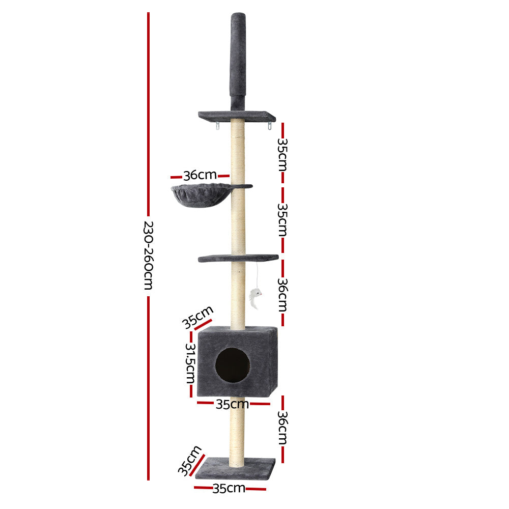 i.Pet Cat Tree 260cm Tower Scratching Post Scratcher Floor to Ceiling Cats Bed Dark Grey-1