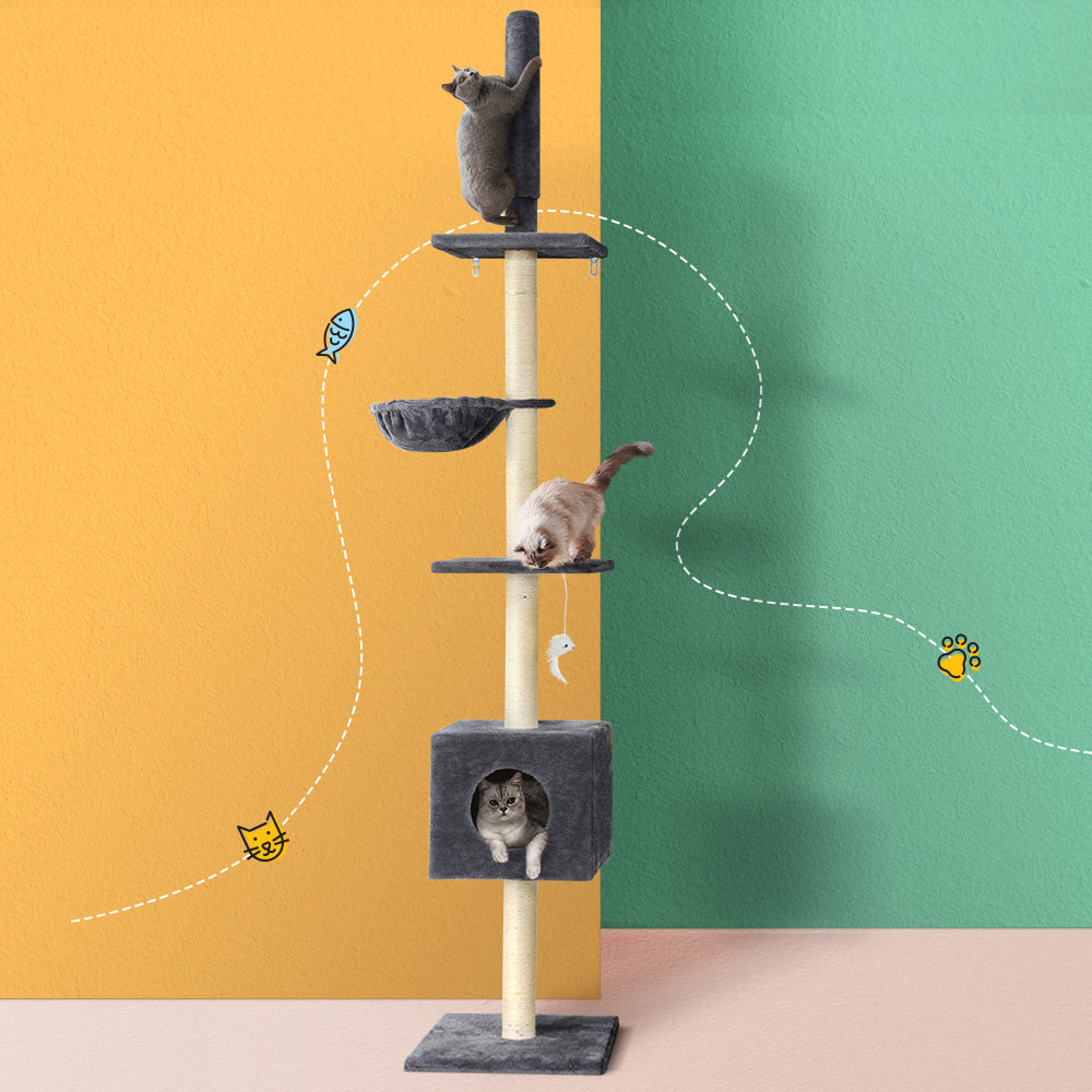 i.Pet Cat Tree 260cm Tower Scratching Post Scratcher Floor to Ceiling Cats Bed Dark Grey-6